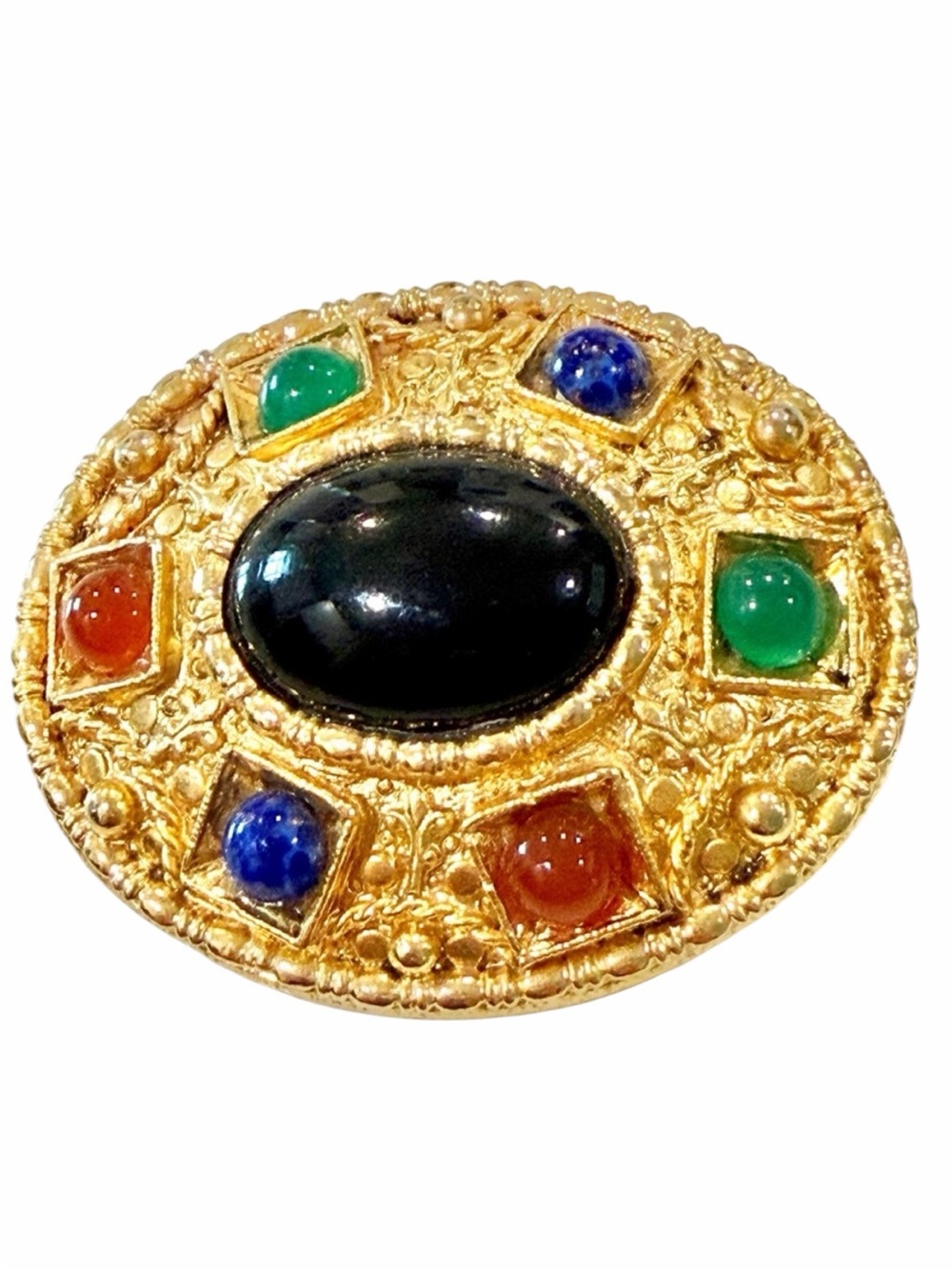 Byzantine Statement Brooch Pin Multi Cabochon Ornate Gold vintage 80’s